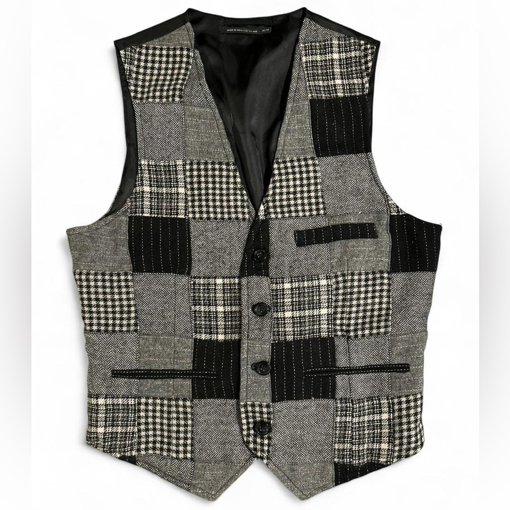 Club Monaco Grey And Black Plaid Patchwork Wool Vest Size Medium Unisex